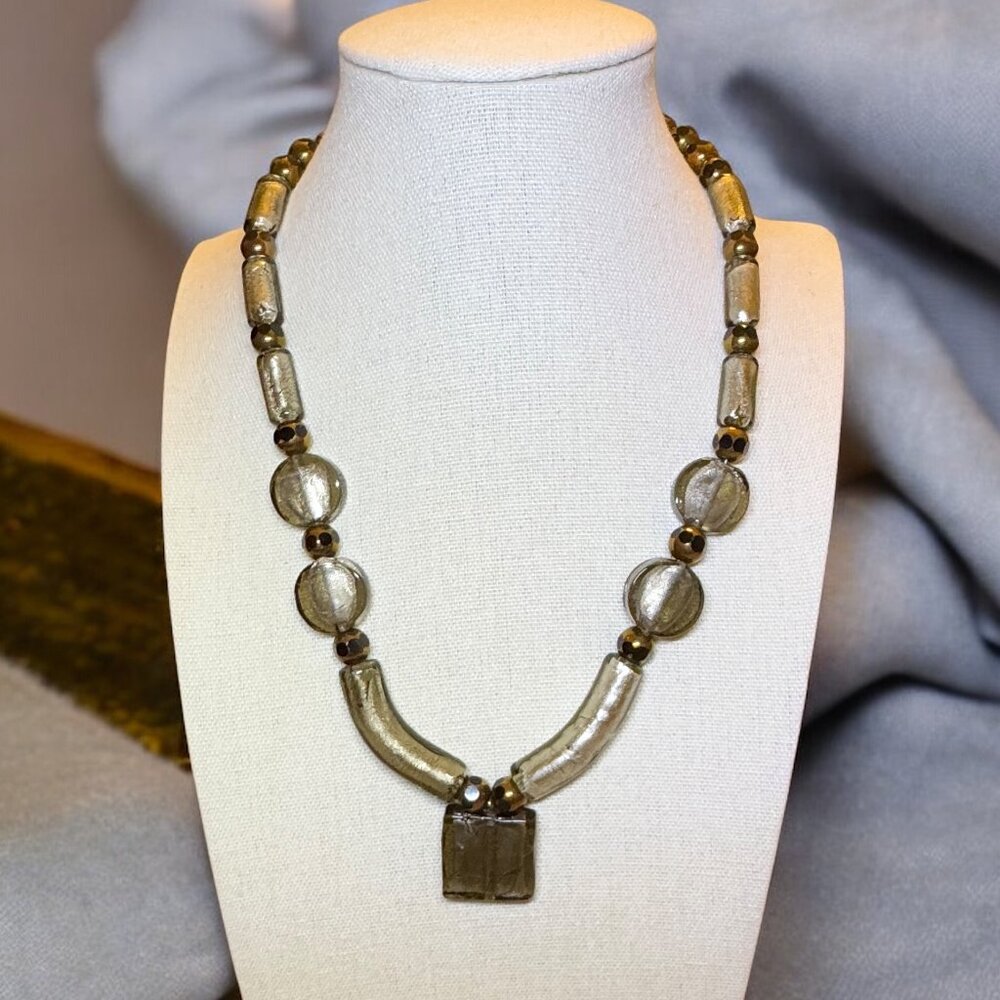 Glass Beads Necklace Browns and Gold Tones Toggle Clasp